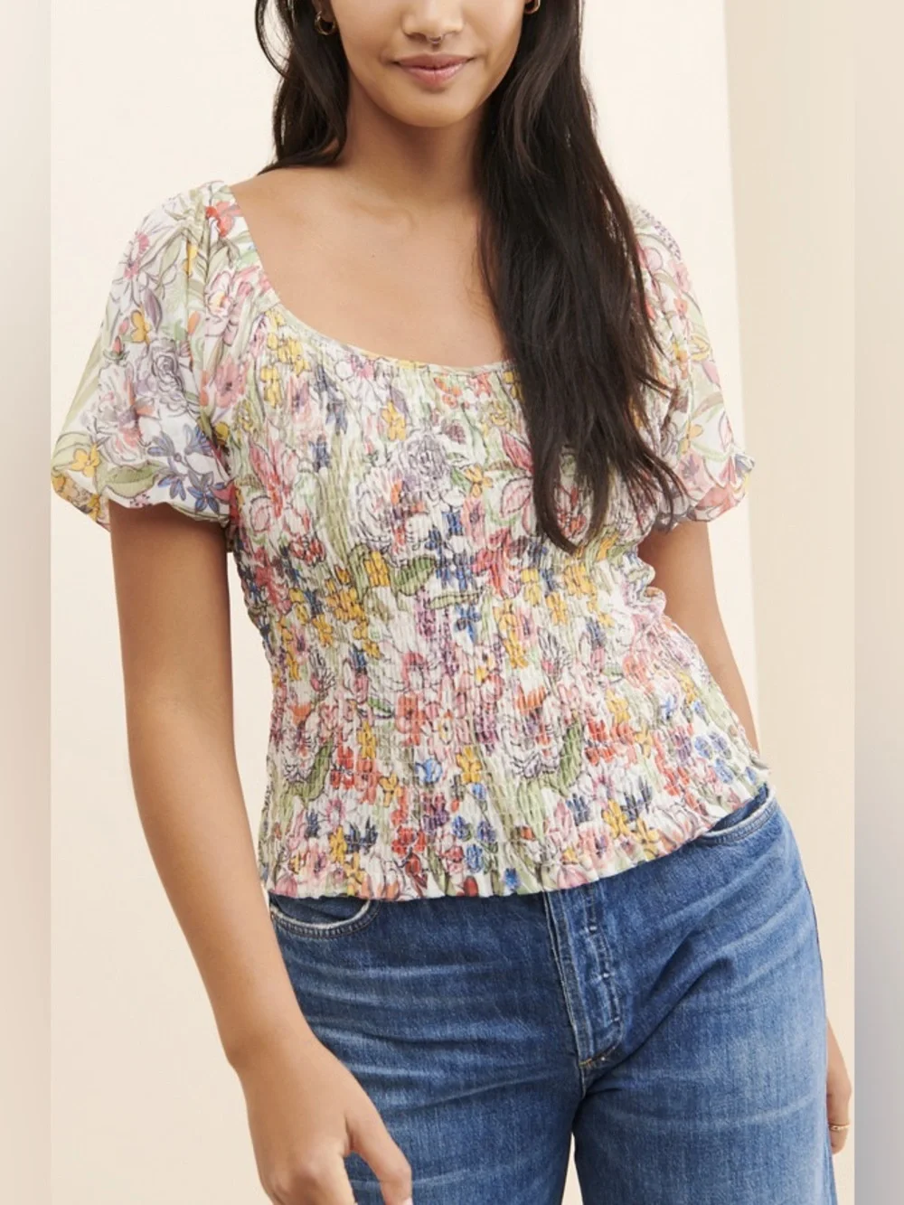 NWT Anthropologie Floral Aurelia Smocked Top Puff Sleeve Size S Cottagecore